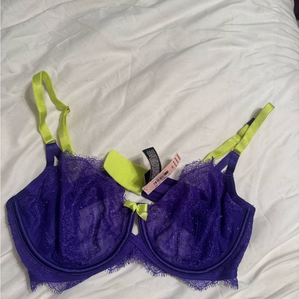 Victoria's Secret Purple Lace Bra with Green Straps